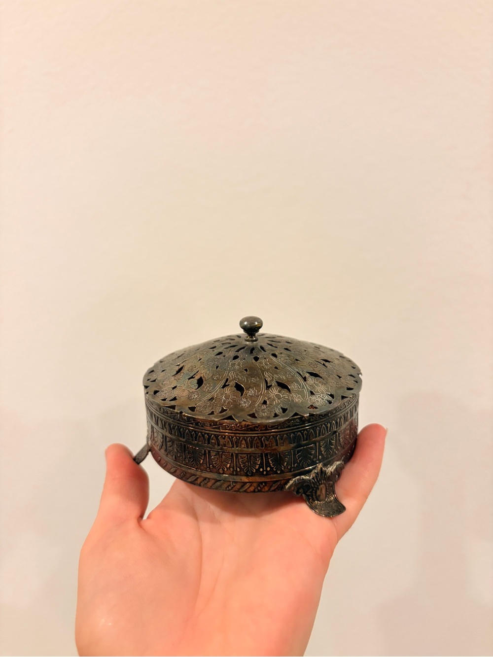 Vintage Silverplate Pierced Filigree Footed Trinket Box Mini Turkish Slippers